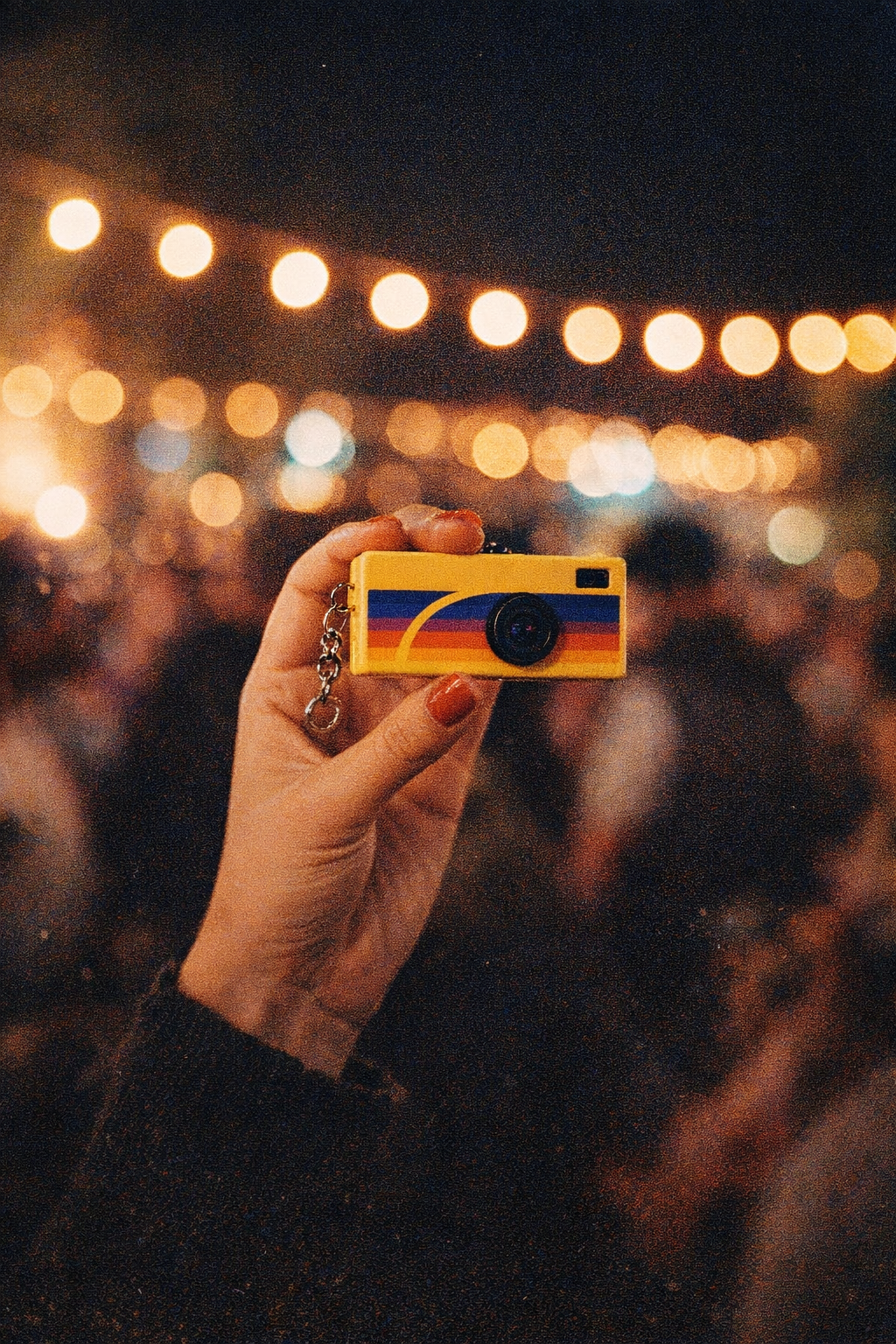 The camera held up at a night gathering with string lights