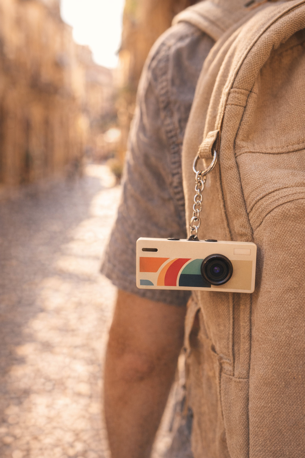 The camera clipped to a backpack strap in a sunlit street