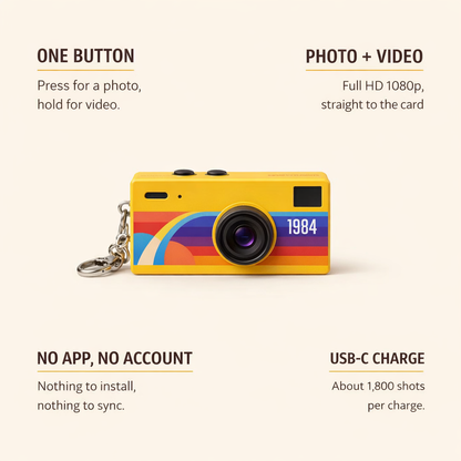 Thumb Camera 1984 key features: one button, photo and video, no app or account, USB-C charging
