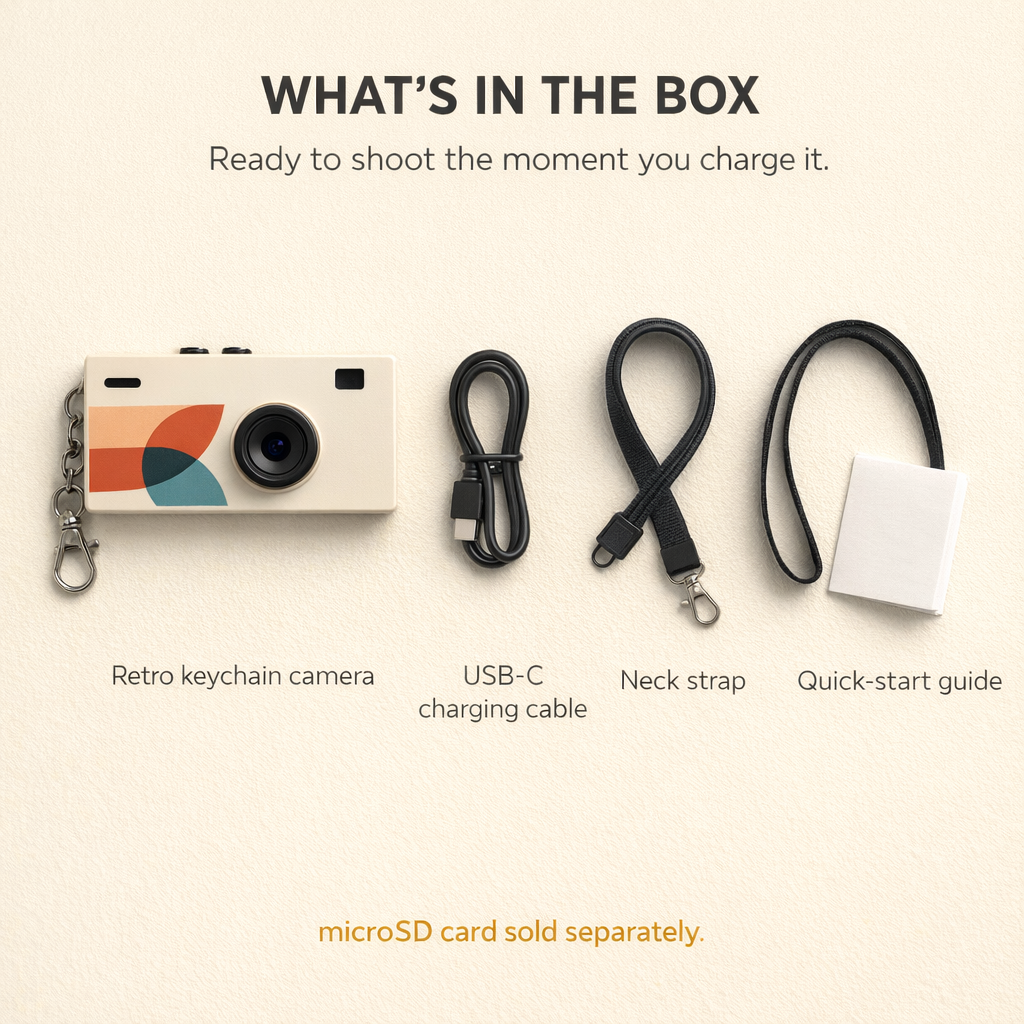 What's in the box: camera, USB-C cable, neck strap and quick-start guide. microSD card sold separately