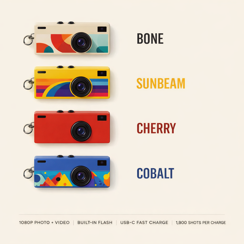 Thumb Camera 1984 colorways Bone, Sunbeam, Cherry and Cobalt with specifications